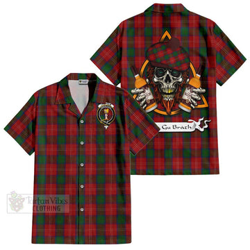 Chisholm Tartan Short Sleeve Button Shirt with Family Crest and Bearded Skull Holding Bottles of Whiskey