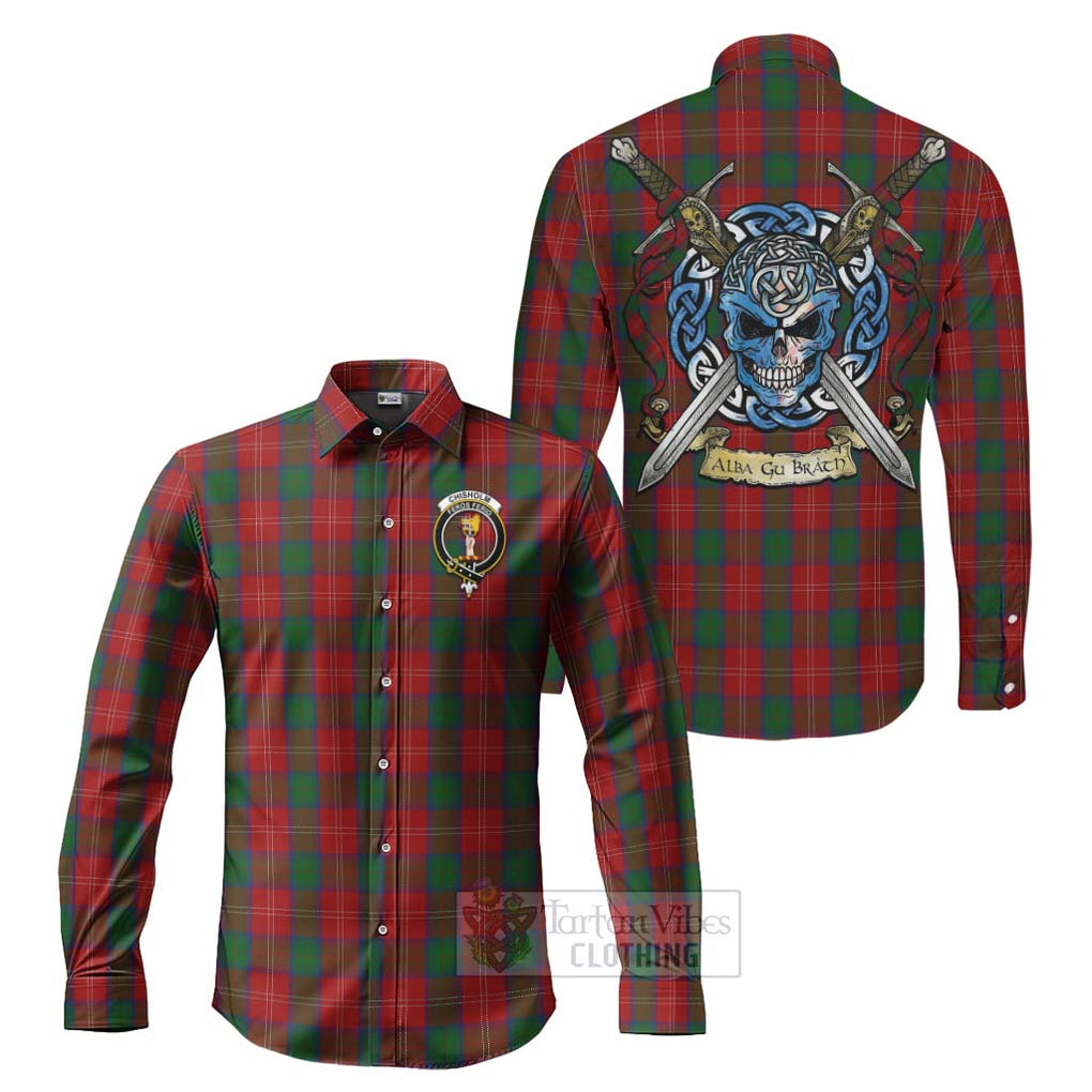 Tartan Vibes Clothing Chisholm Tartan Long Sleeve Button Shirt with Family Crest Celtic Skull Style