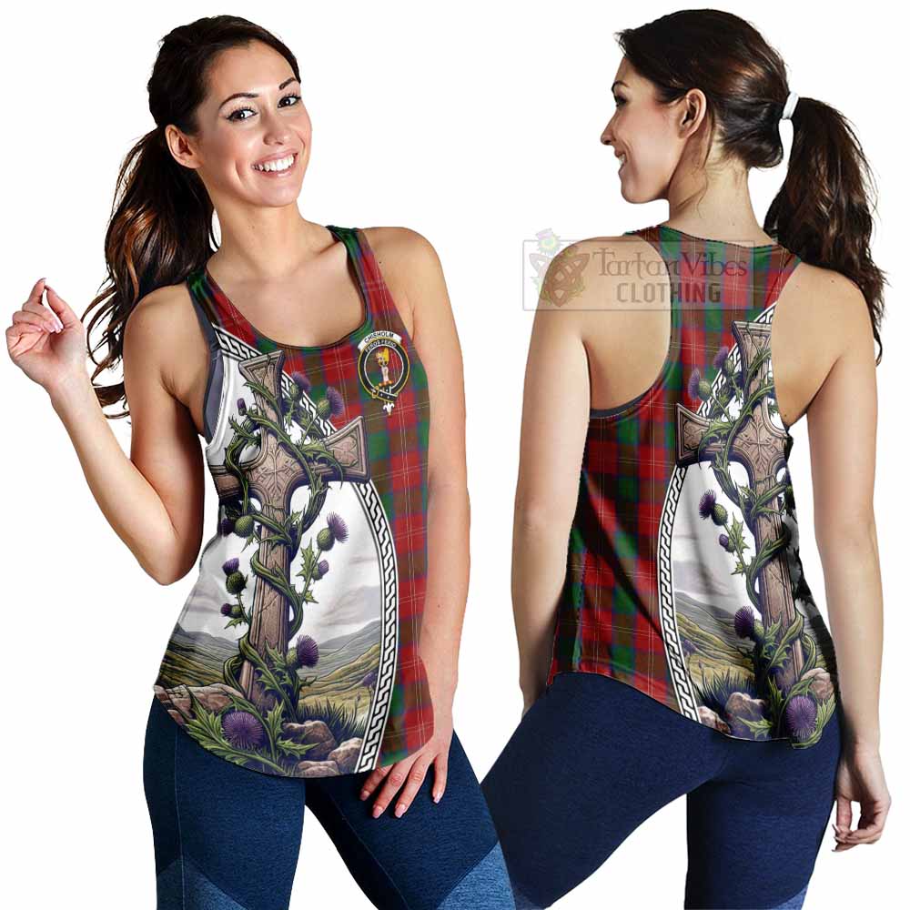 Tartan Vibes Clothing Chisholm Tartan Women's Racerback Tanks with Family Crest and St. Andrew's Cross Accented by Thistle Vines