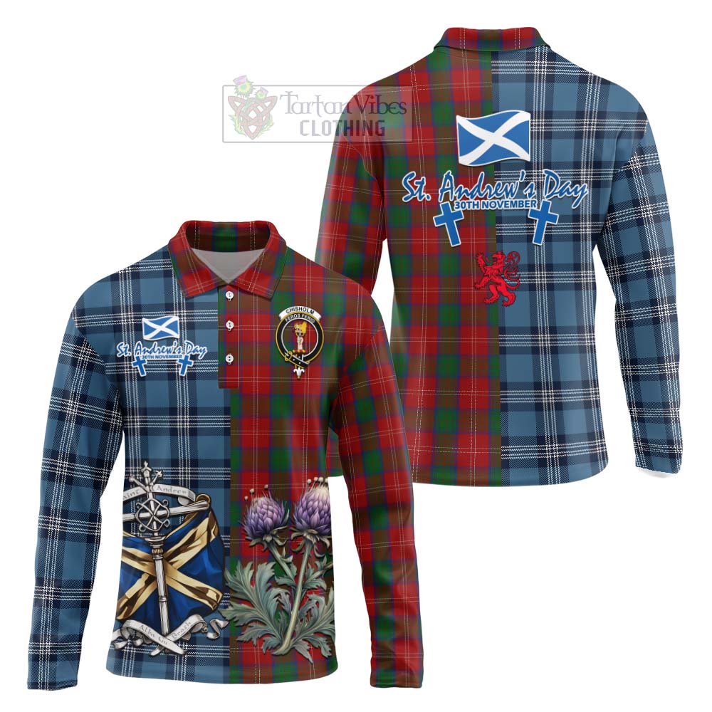 Tartan Vibes Clothing Chisholm Tartan Long Sleeve Polo Shirt Happy St. Andrew's Day Half Tartan Style