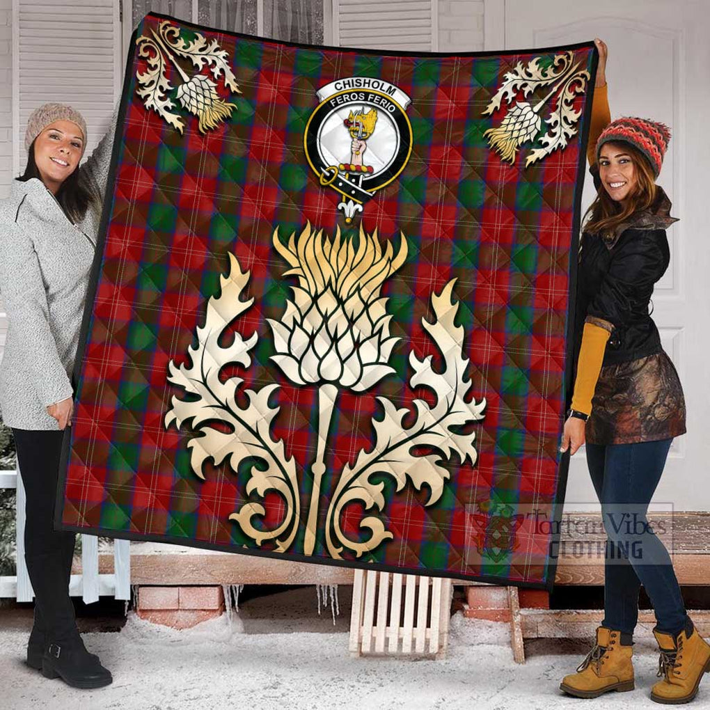 Tartan Vibes Clothing Chisholm Tartan Quilt with Family Crest and Golden Thistle Style