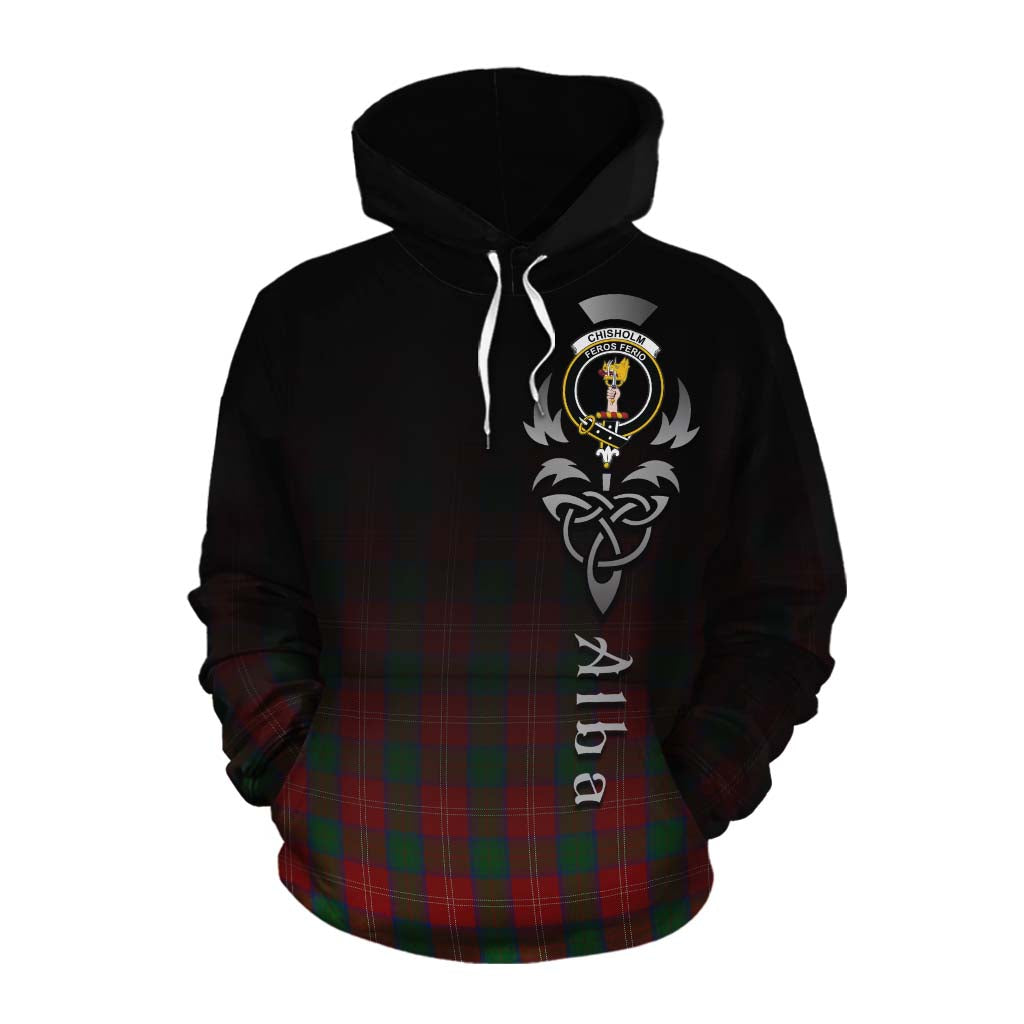 Tartan Vibes Clothing Chisholm Tartan Cotton Hoodie Featuring Alba Gu Brath Family Crest Celtic Inspired