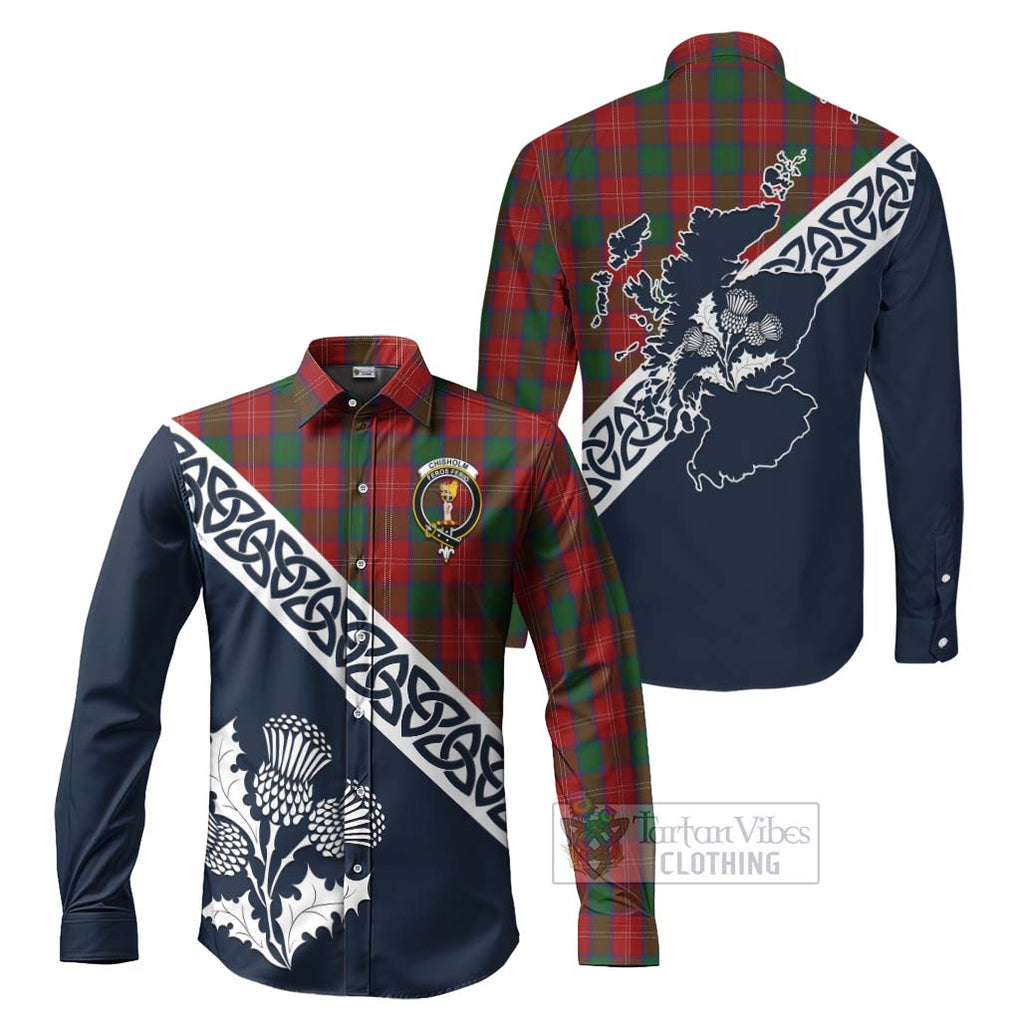 Tartan Vibes Clothing Chisholm Tartan Long Sleeve Button Shirt Featuring Thistle and Scotland Map