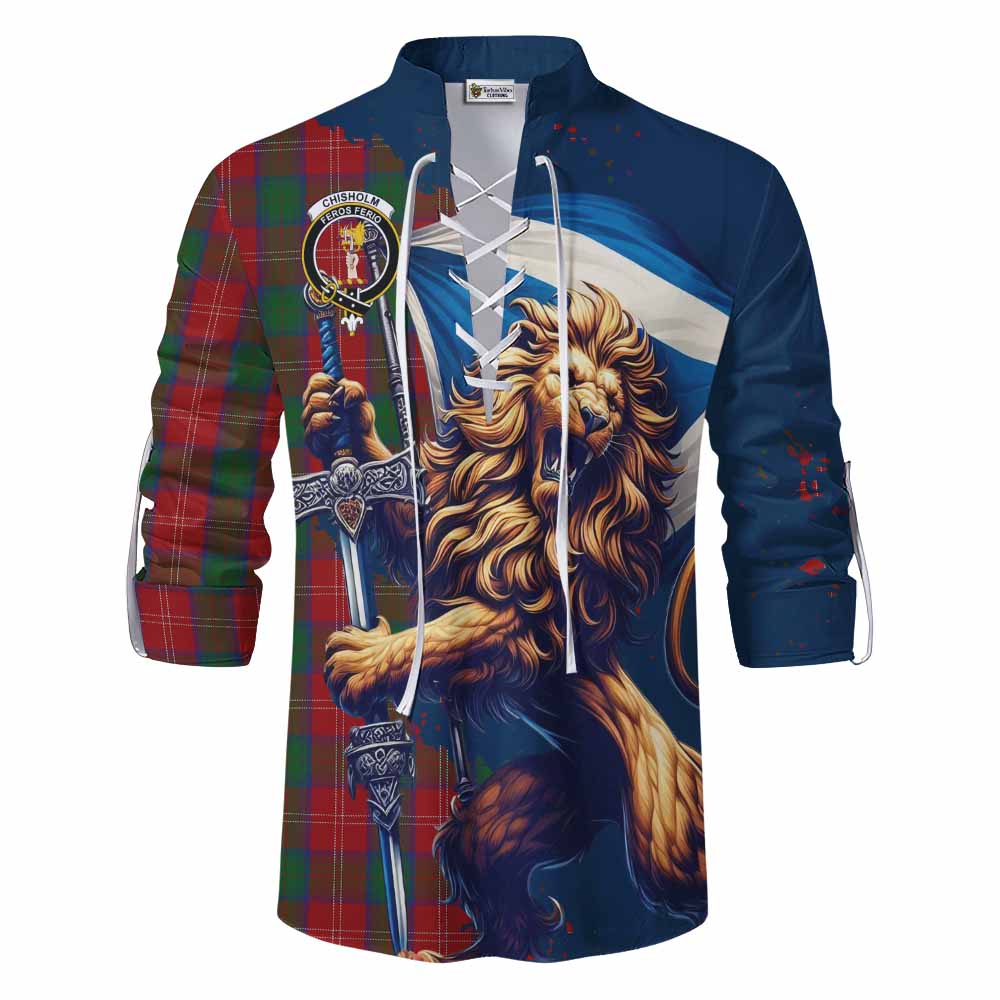 Tartan Vibes Clothing Chisholm Tartan Family Crest Ghillie Kilt Shirt with Scottish Majestic Lion