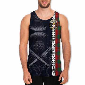 Chisholm Tartan Men's Tank Top with Family Crest Cross Sword Thistle Celtic Vibes