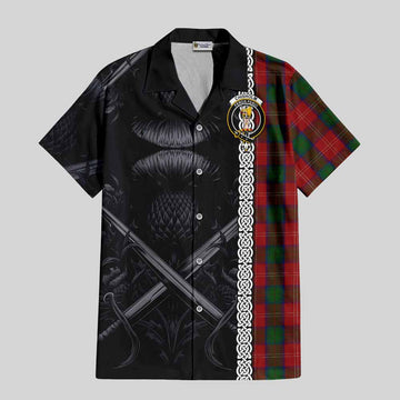 Chisholm Tartan Short Sleeve Button Shirt with Family Crest Cross Sword Thistle Celtic Vibes