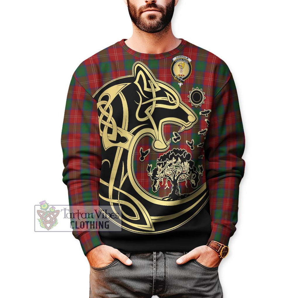 Chisholm Tartan Sweatshirt with Family Crest Celtic Wolf Style Unisex - Tartan Vibes Clothing