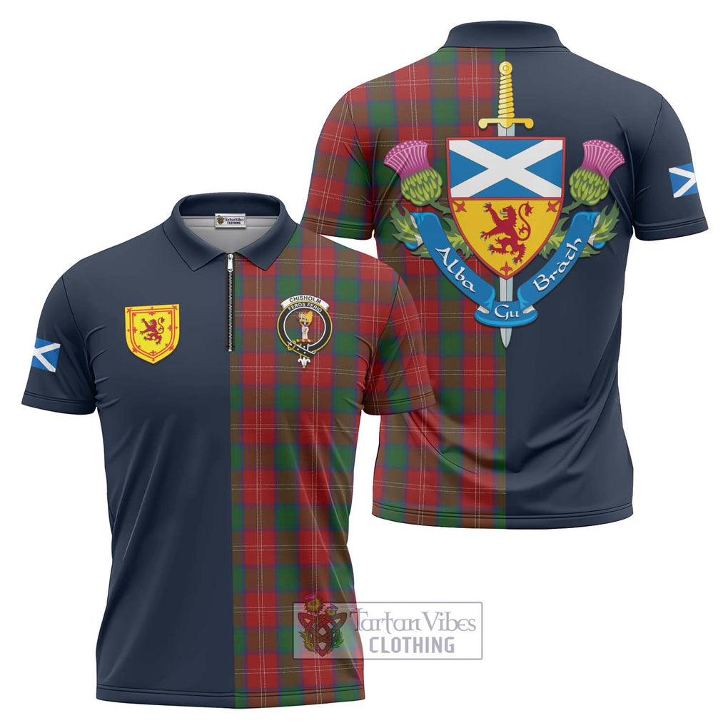 Tartan Vibes Clothing Chisholm Tartan Zipper Polo Shirt with Scottish Lion Royal Arm Half Style