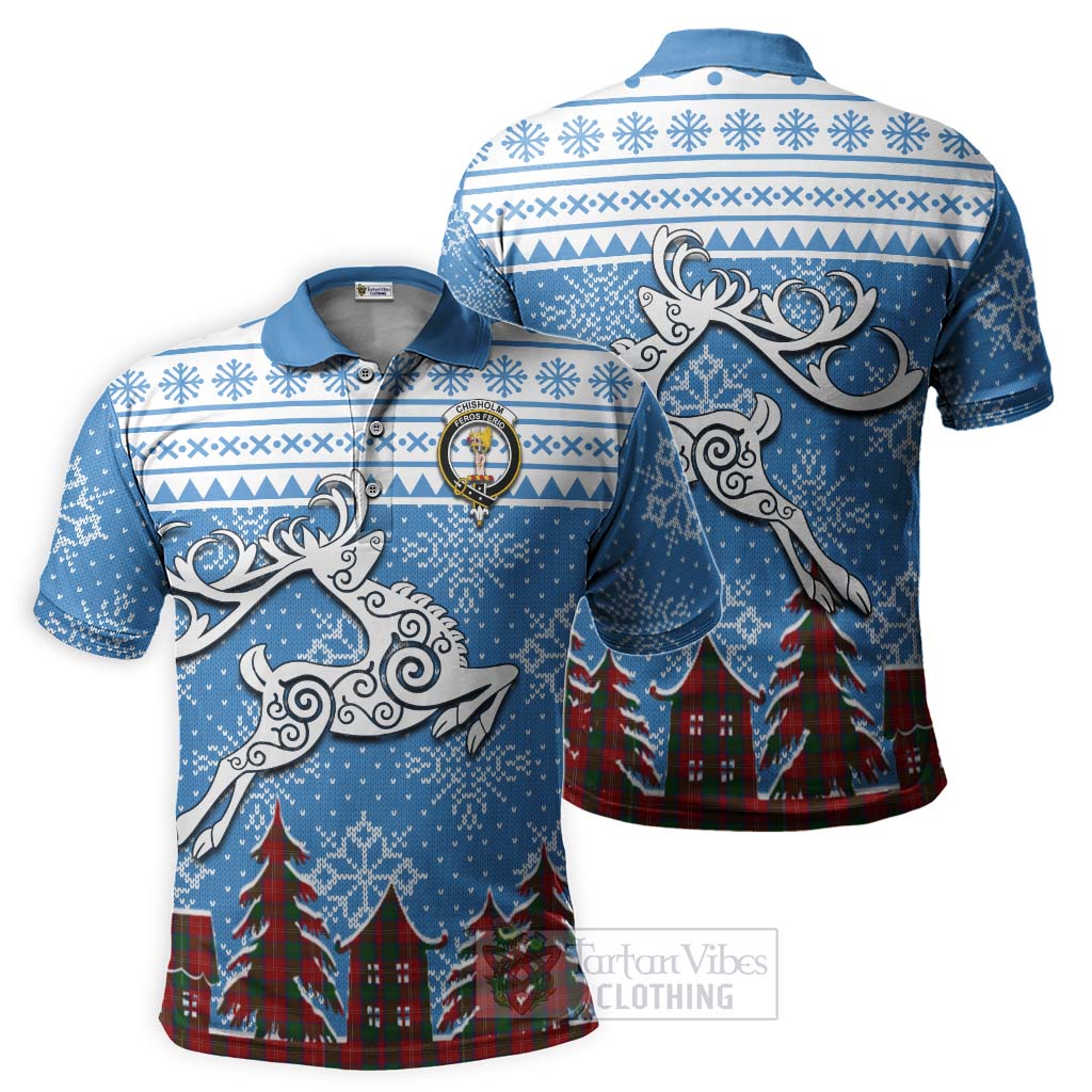 Tartan Vibes Clothing Chisholm Clan Christmas Polo Shirt Celtic Reindeer Style