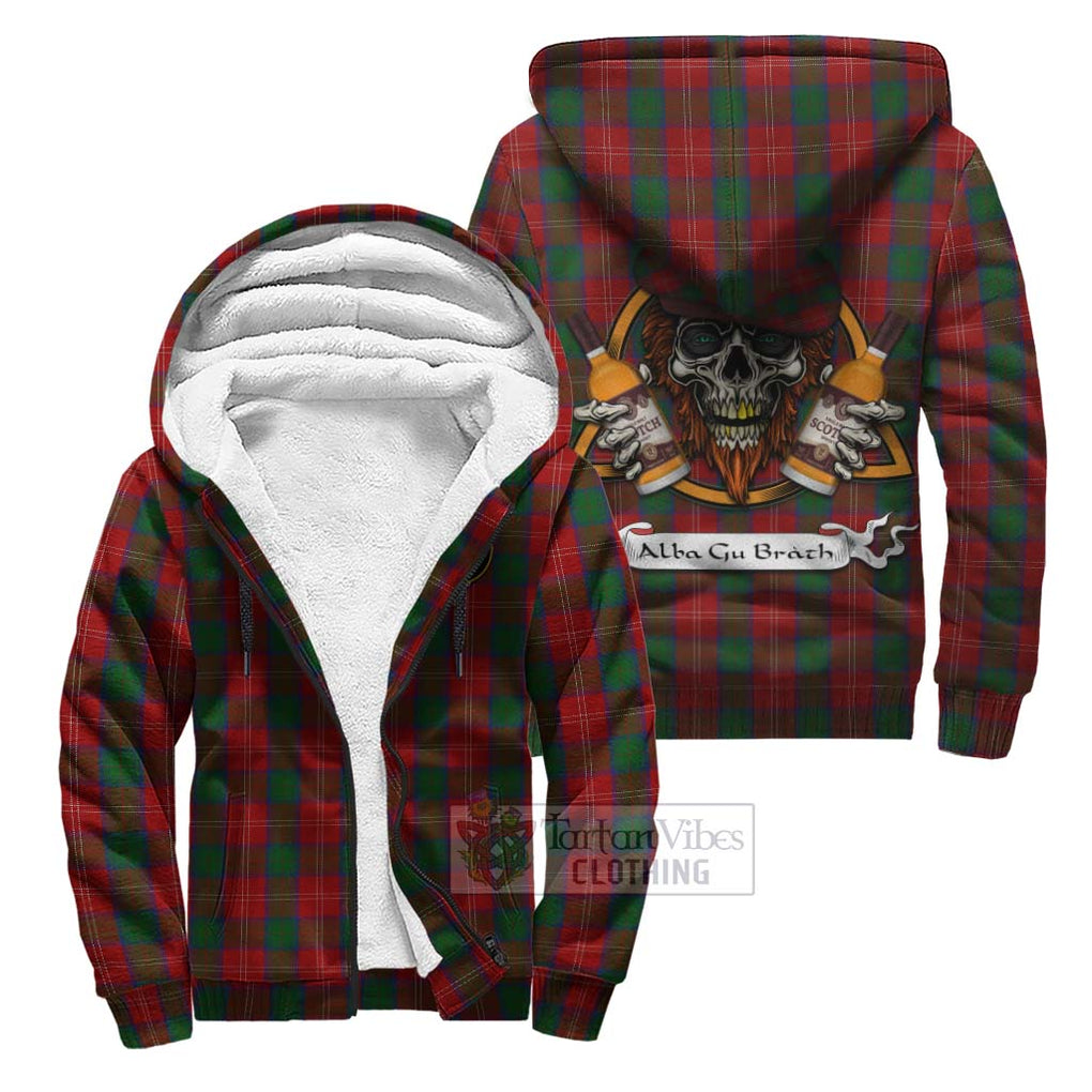 Tartan Vibes Clothing Chisholm Tartan Sherpa Hoodie with Family Crest and Bearded Skull Holding Bottles of Whiskey