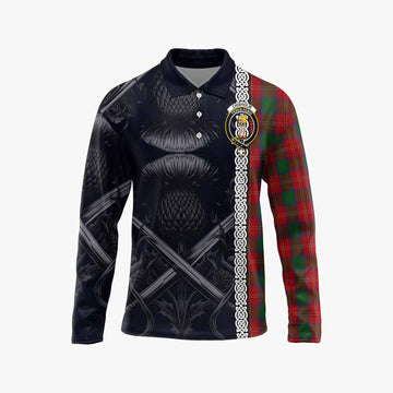 Chisholm Tartan Long Sleeve Polo Shirt with Family Crest Cross Sword Thistle Celtic Vibes