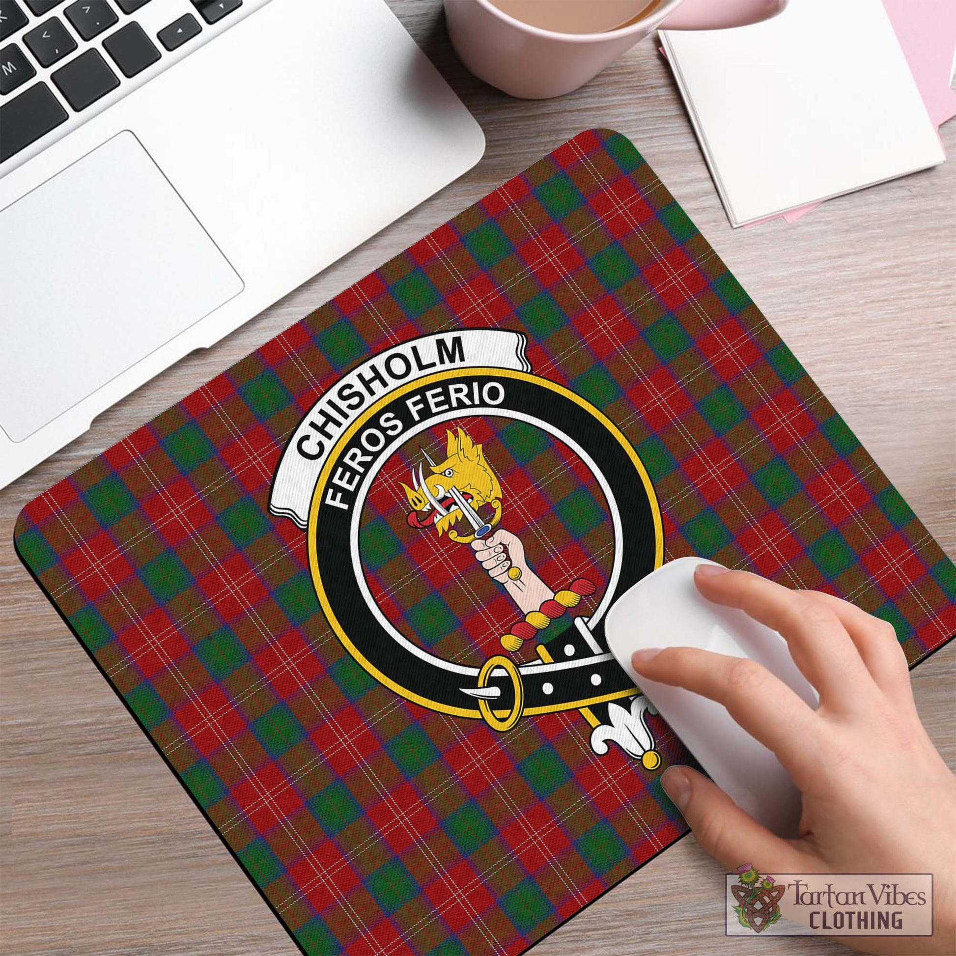 Tartan Vibes Clothing Chisholm Tartan Mouse Pad with Family Crest