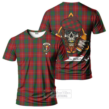 Chisholm Tartan T-Shirt with Family Crest and Bearded Skull Holding Bottles of Whiskey