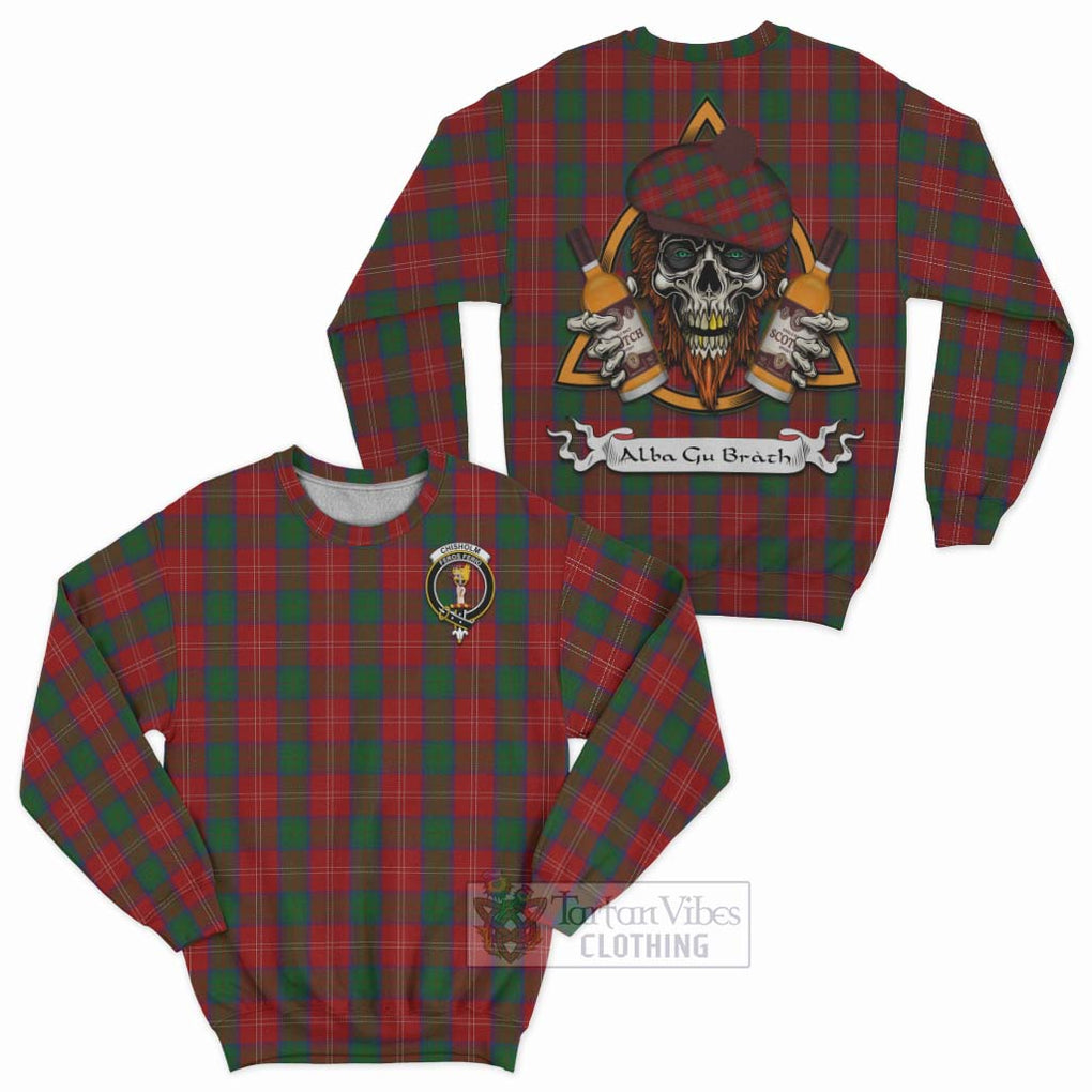 Tartan Vibes Clothing Chisholm Tartan Sweatshirt with Family Crest and Bearded Skull Holding Bottles of Whiskey