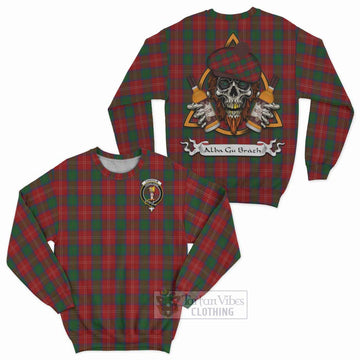 Chisholm Tartan Sweatshirt with Family Crest and Bearded Skull Holding Bottles of Whiskey