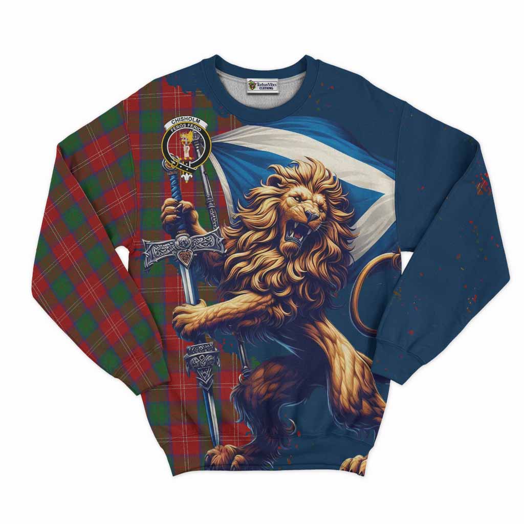 Tartan Vibes Clothing Chisholm Tartan Family Crest Sweatshirt with Scottish Majestic Lion