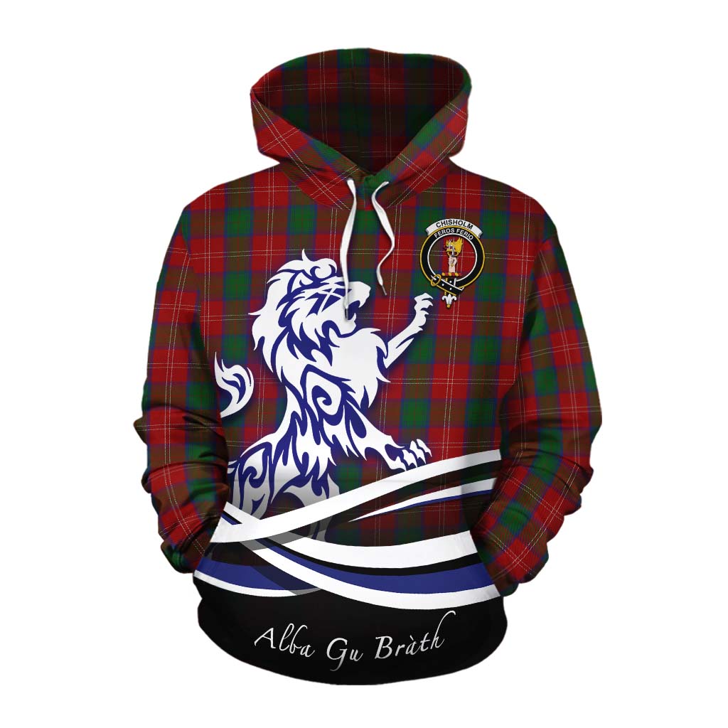 Tartan Vibes Clothing Chisholm Tartan Cotton Hoodie with Alba Gu Brath Regal Lion Emblem