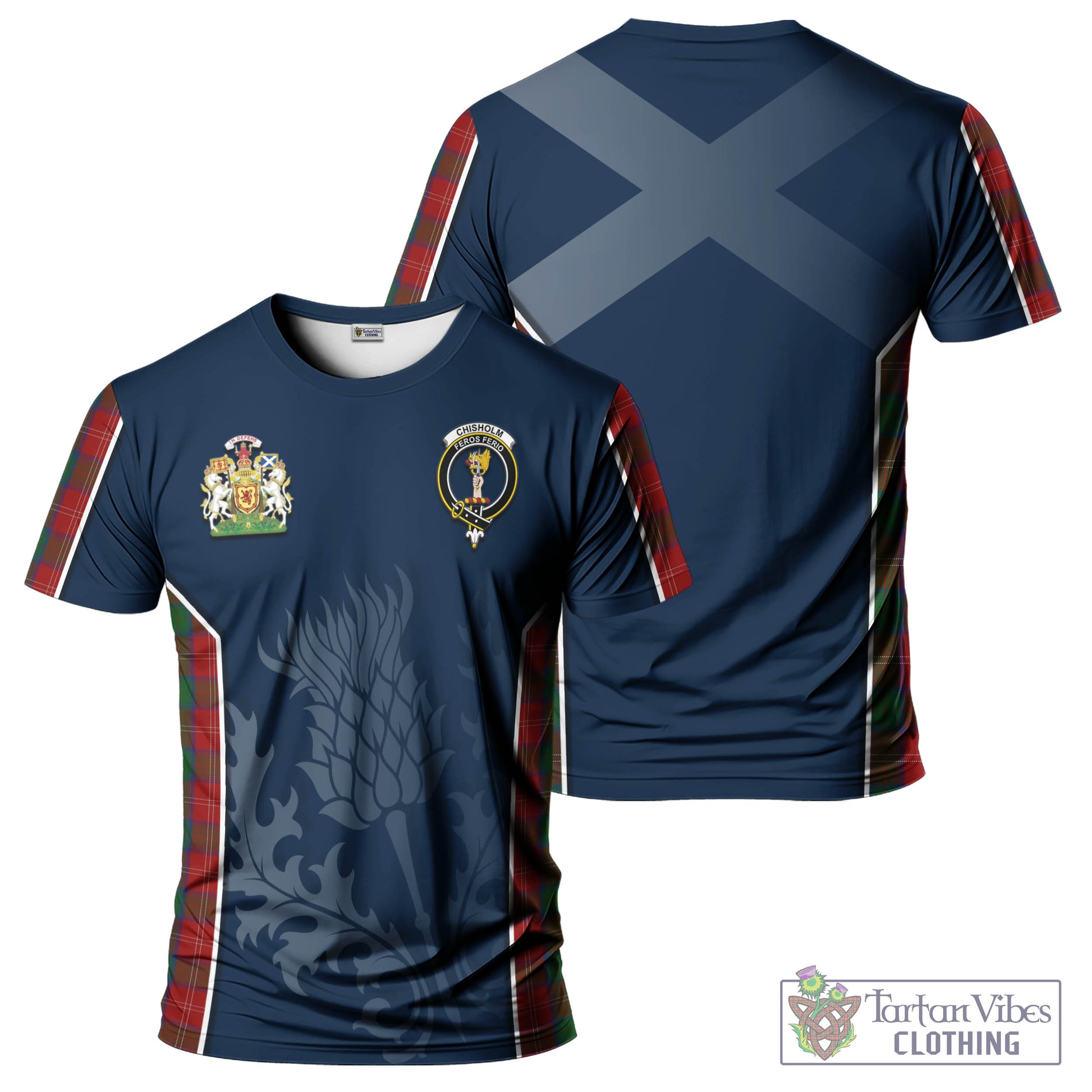 Tartan Vibes Clothing Chisholm Tartan T-Shirt with Family Crest and Scottish Thistle Vibes Sport Style