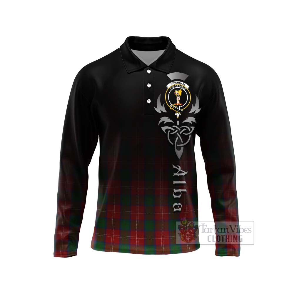 Tartan Vibes Clothing Chisholm Tartan Long Sleeve Polo Shirt Featuring Alba Gu Brath Family Crest Celtic Inspired