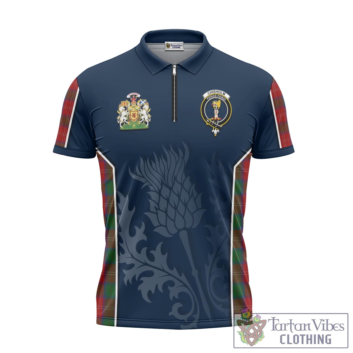 Tartan Vibes Clothing Chisholm Tartan Zipper Polo Shirt with Family Crest and Scottish Thistle Vibes Sport Style