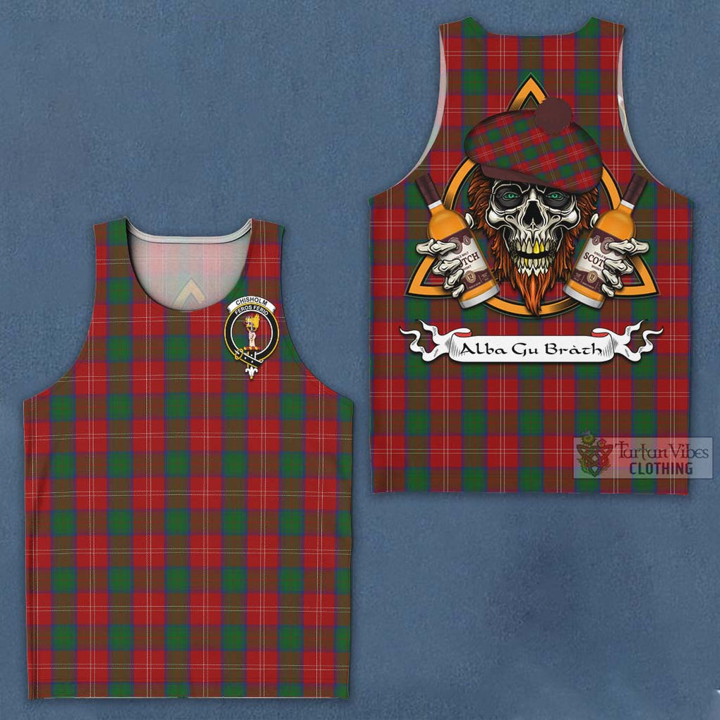 Tartan Vibes Clothing Chisholm Tartan Men's Tank Top with Family Crest and Bearded Skull Holding Bottles of Whiskey