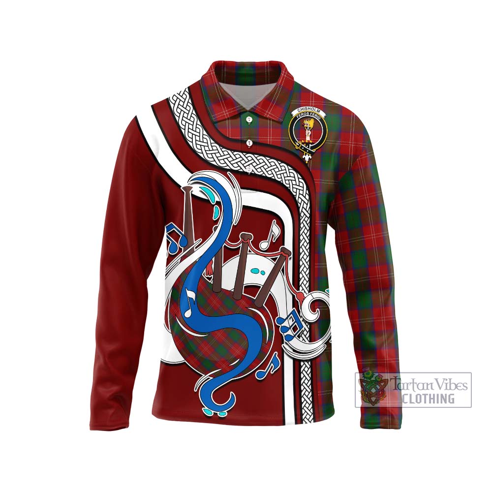 Tartan Vibes Clothing Chisholm Tartan Long Sleeve Polo Shirt with Epic Bagpipe Style