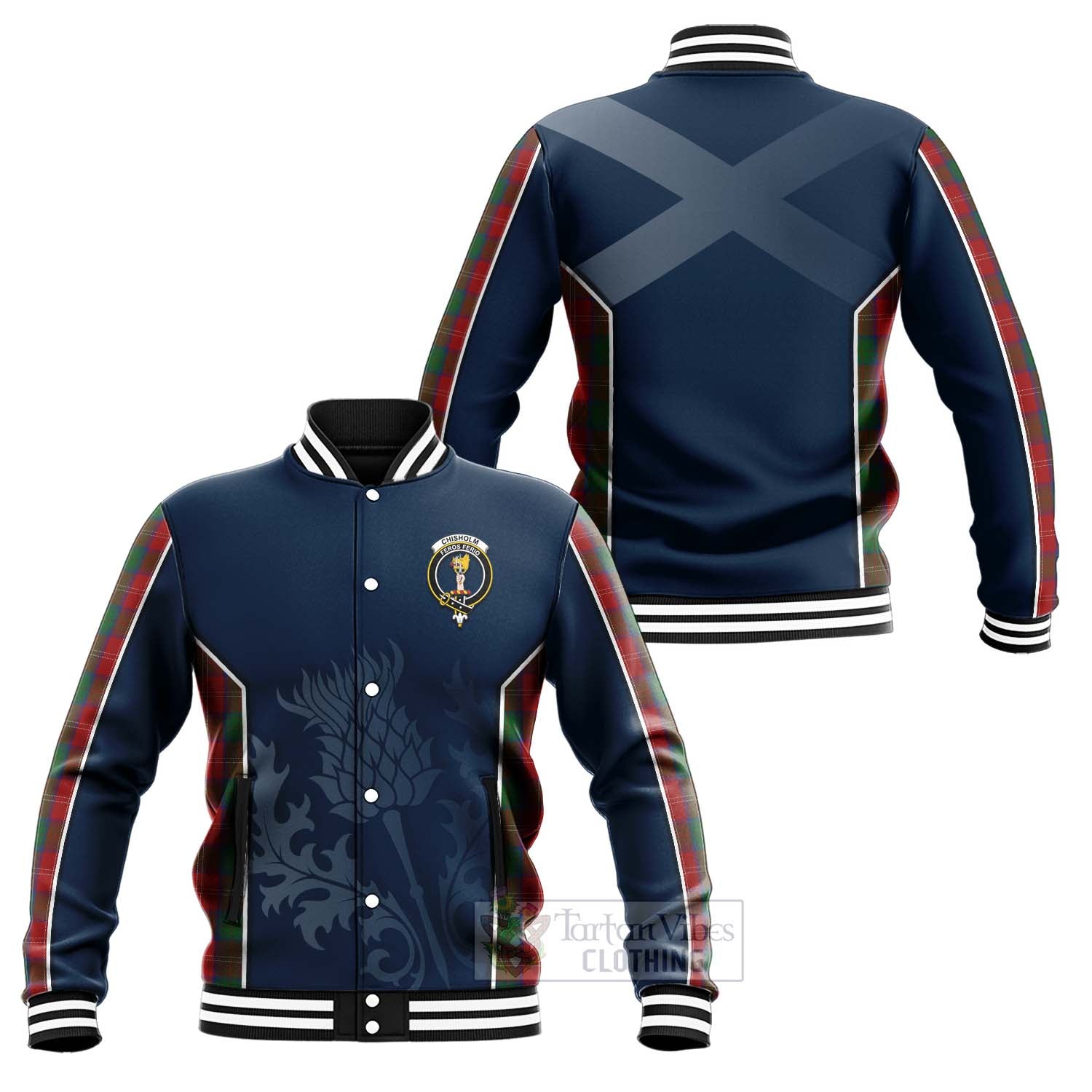 Tartan Vibes Clothing Chisholm Tartan Baseball Jacket with Family Crest and Scottish Thistle Vibes Sport Style