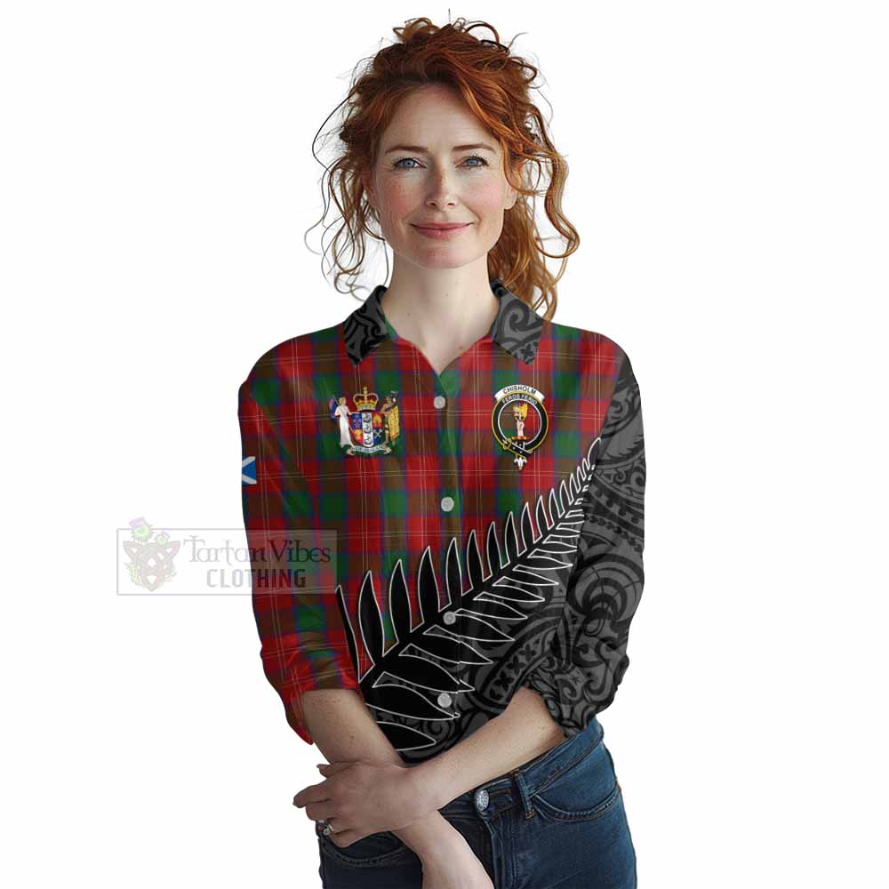 Tartan Vibes Clothing Chisholm Crest Tartan Women's Casual Shirt with New Zealand Silver Fern Half Style