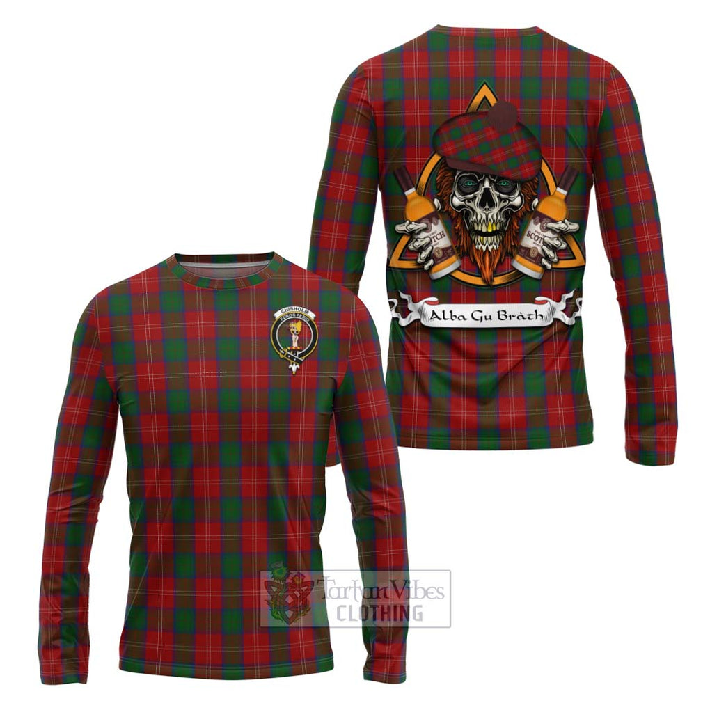 Tartan Vibes Clothing Chisholm Tartan Long Sleeve T-Shirt with Family Crest and Bearded Skull Holding Bottles of Whiskey