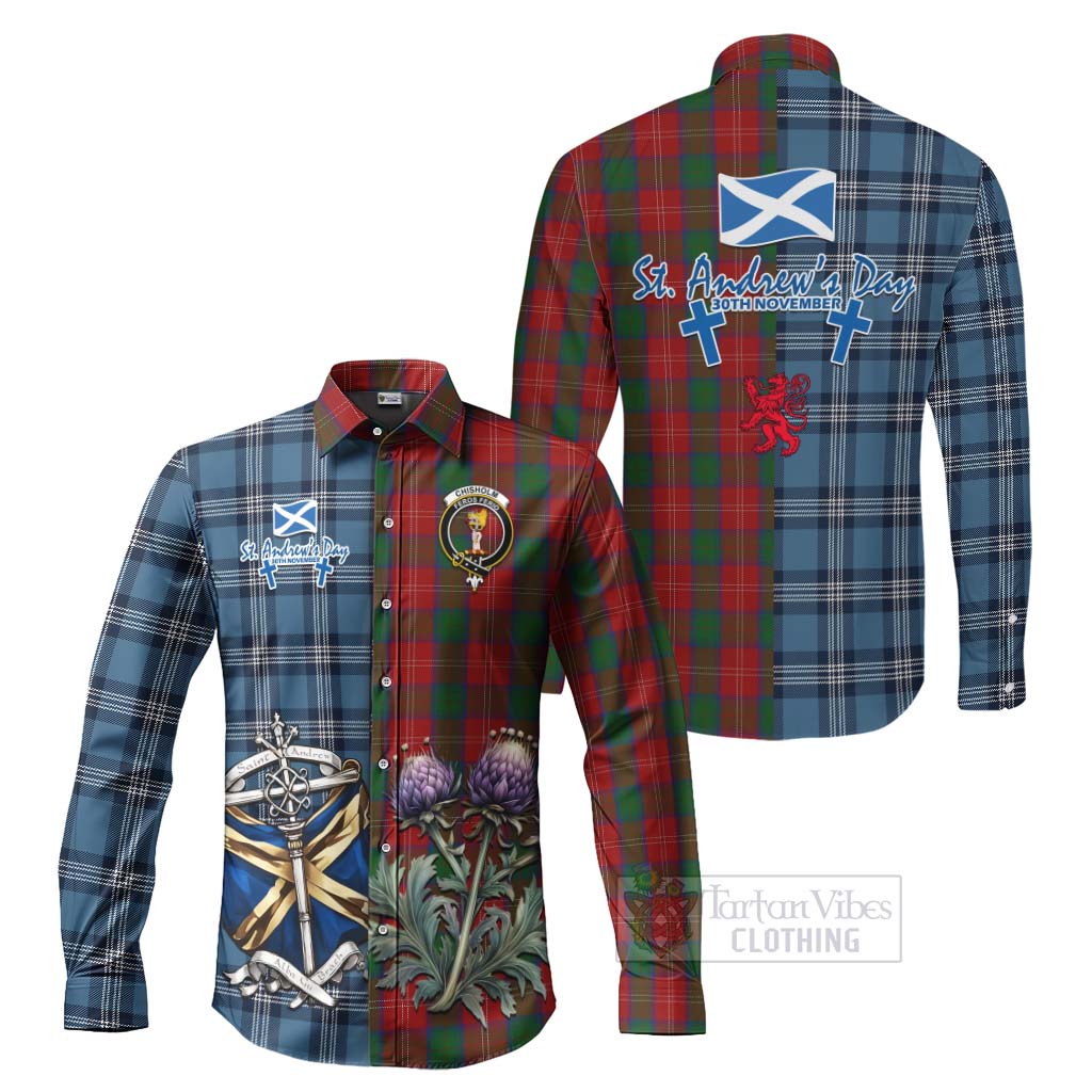 Tartan Vibes Clothing Chisholm Tartan Long Sleeve Button Shirt Happy St. Andrew's Day Half Tartan Style