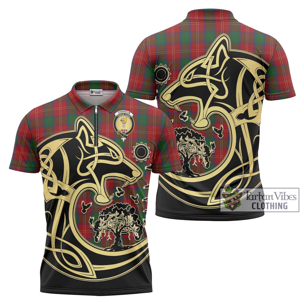 Chisholm Tartan Zipper Polo Shirt with Family Crest Celtic Wolf Style Unisex - Tartanvibesclothing Shop