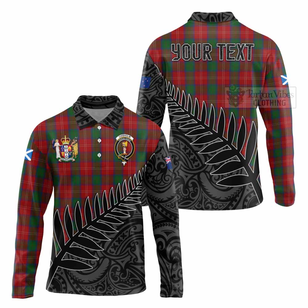 Tartan Vibes Clothing Chisholm Crest Tartan Long Sleeve Polo Shirt with New Zealand Silver Fern Half Style