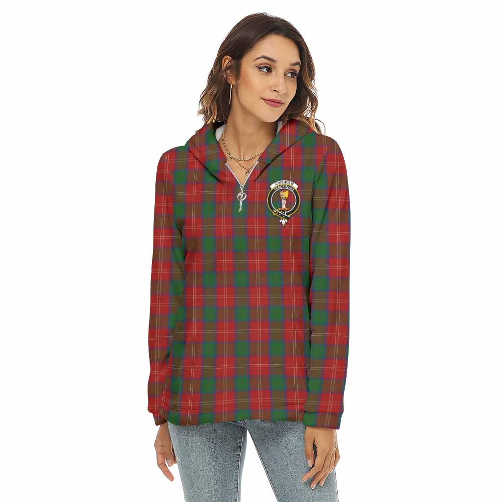 Tartan Vibes Clothing Chisholm Tartan Crest Women's Borg  Half Zip Fleece Hoodie