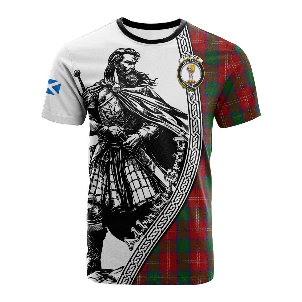 Chisholm Tartan Clan Crest Cotton T-shirt with Highlander Warrior Celtic Style