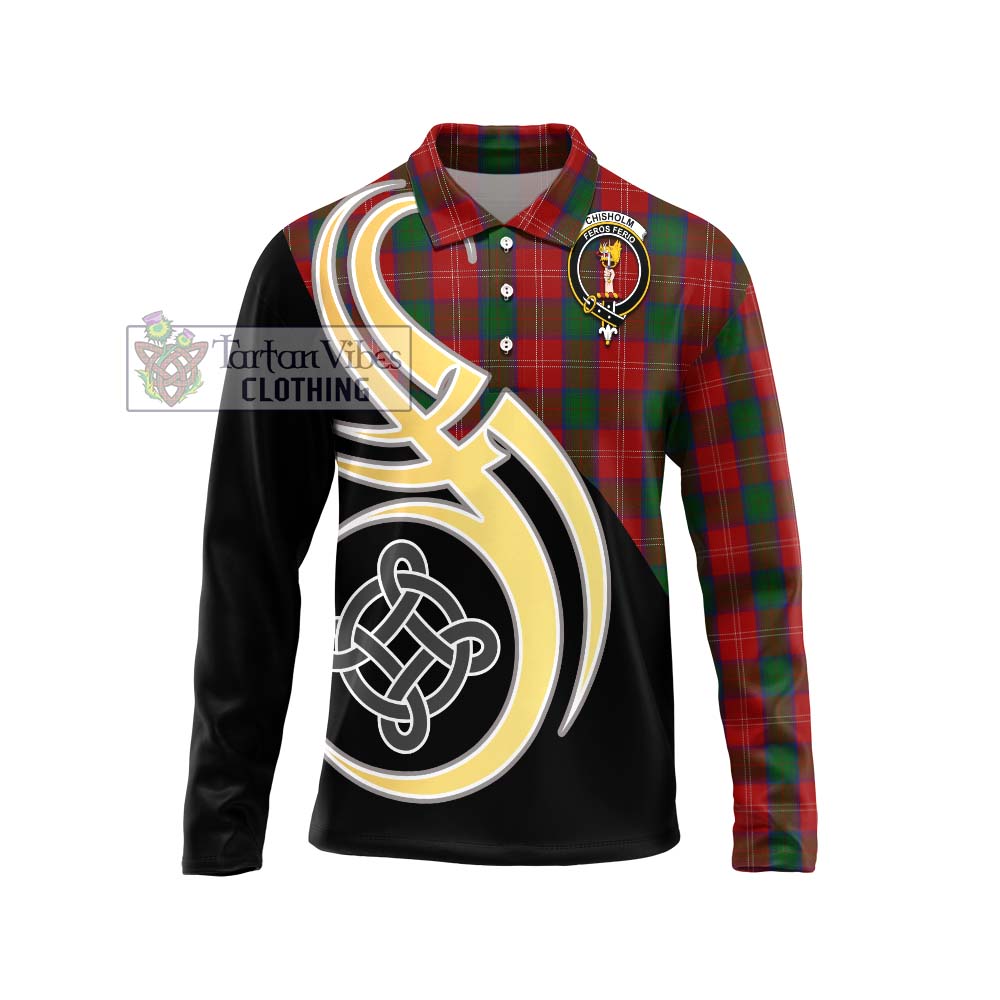 Chisholm Tartan Long Sleeve Polo Shirt with Family Crest and Celtic Symbol Style Unisex - Tartan Vibes Clothing