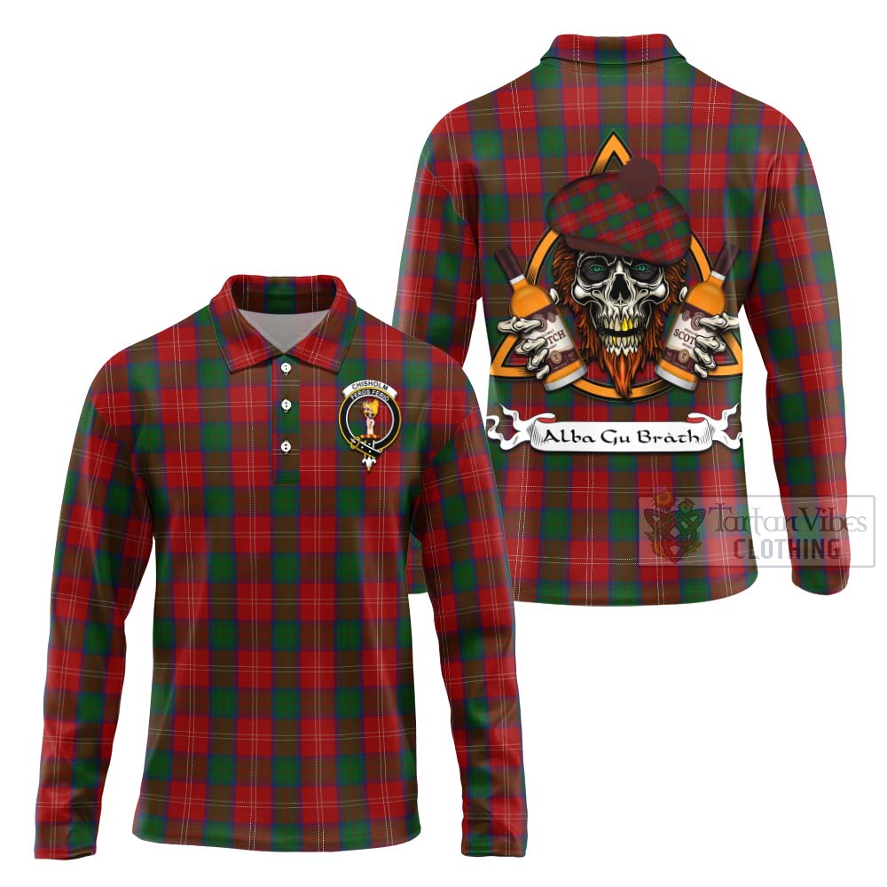 Tartan Vibes Clothing Chisholm Tartan Long Sleeve Polo Shirt with Family Crest and Bearded Skull Holding Bottles of Whiskey