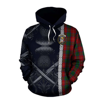 Chisholm Tartan Cotton Hoodie with Family Crest Cross Sword Thistle Celtic Vibes