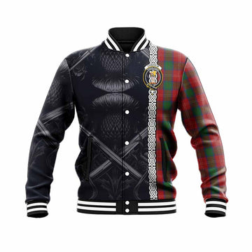 Chisholm Tartan Baseball Jacket with Family Crest Cross Sword Thistle Celtic Vibes