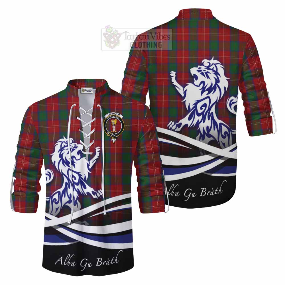 Chisholm Tartan Ghillie Kilt Shirt with Alba Gu Brath Regal Lion Emblem Men - Tartan Vibes Clothing