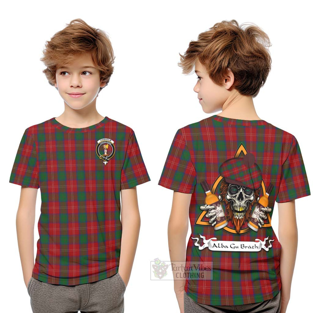 Tartan Vibes Clothing Chisholm Tartan Kid T-Shirt with Family Crest and Bearded Skull Holding Bottles of Whiskey