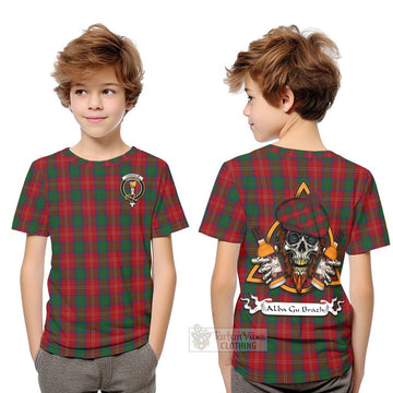 Chisholm Tartan Kid T-Shirt with Family Crest and Bearded Skull Holding Bottles of Whiskey