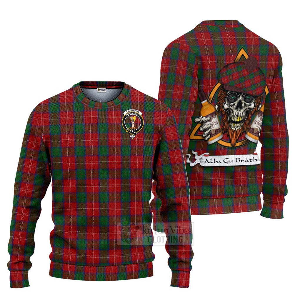 Tartan Vibes Clothing Chisholm Tartan Knitted Sweater with Family Crest and Bearded Skull Holding Bottles of Whiskey