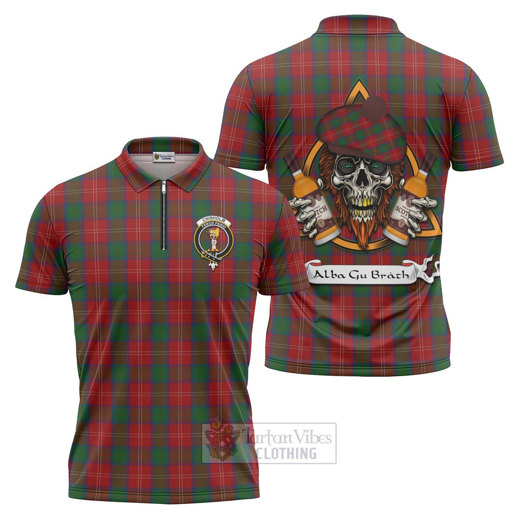 Tartan Vibes Clothing Chisholm Tartan Zipper Polo Shirt with Family Crest and Bearded Skull Holding Bottles of Whiskey