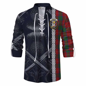 Chisholm Tartan Ghillie Kilt Shirt with Family Crest Cross Sword Thistle Celtic Vibes