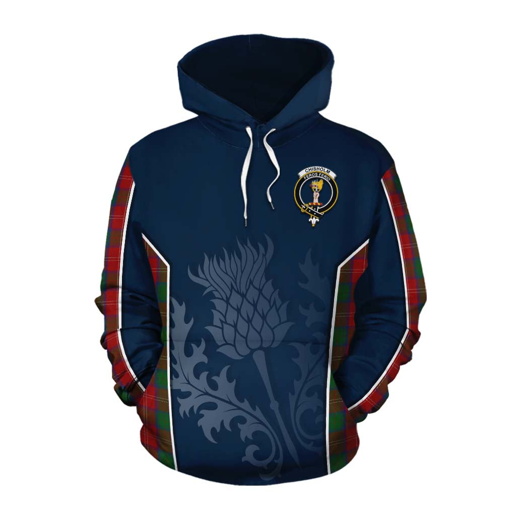 Tartan Vibes Clothing Chisholm Tartan Cotton Hoodie with Family Crest and Scottish Thistle Vibes Sport Style