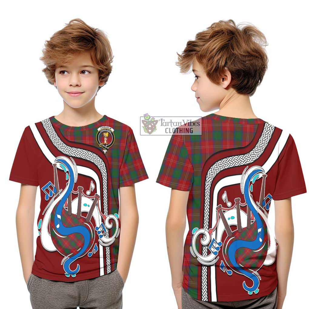 Tartan Vibes Clothing Chisholm Tartan Kid T-Shirt with Epic Bagpipe Style