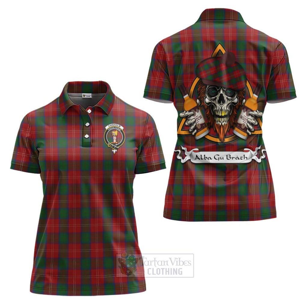 Tartan Vibes Clothing Chisholm Tartan Women's Polo Shirt with Family Crest and Bearded Skull Holding Bottles of Whiskey