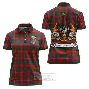 Chisholm Tartan Women's Polo Shirt with Family Crest and Bearded Skull Holding Bottles of Whiskey