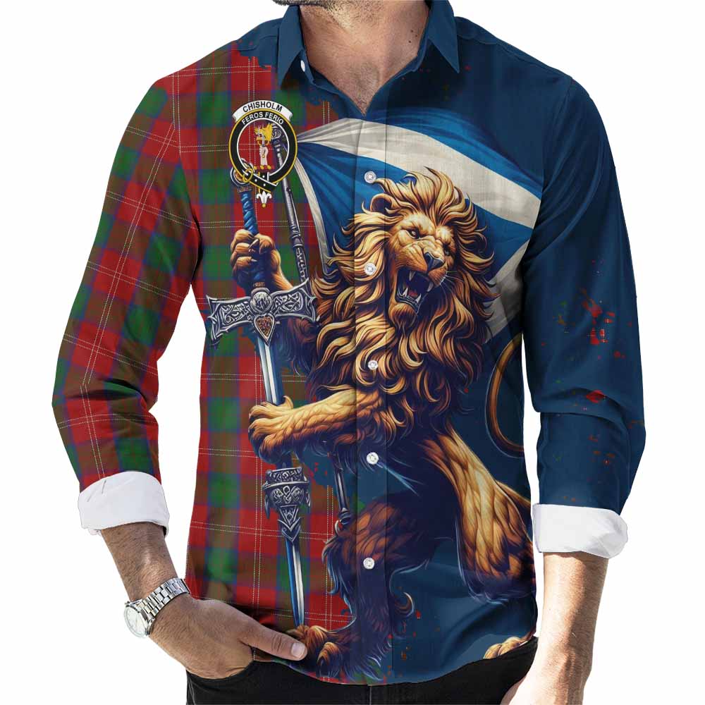 Tartan Vibes Clothing Chisholm Tartan Family Crest Long Sleeve Button Shirt with Scottish Majestic Lion