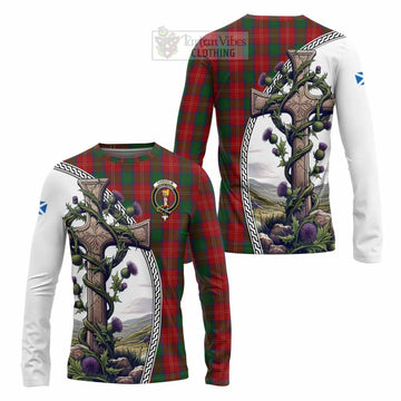 Chisholm Tartan Long Sleeve T-Shirt with Family Crest and St. Andrew's Cross Accented by Thistle Vines